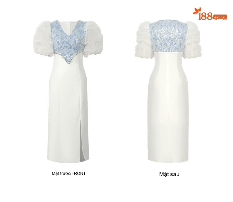 Váy Dạ Hội Nữ Cổ chữ V Đính Đá Lấp Lánh, Tay Bồng, Xẻ Tà Màu Trắng chi tiết 5