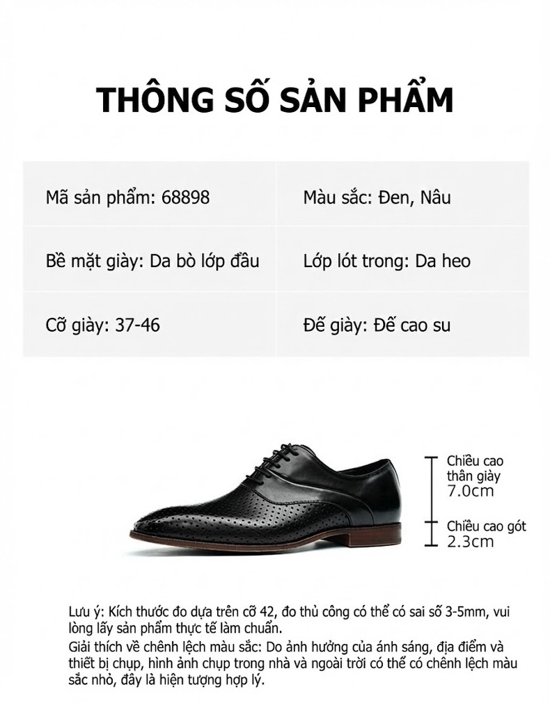 Giày Tây Buộc Dây Nam Da Bò Lỗ Thoáng Khí Chiều Cao Đế Khoảng 3cm Màu Đen, Nâu chi tiết 2
