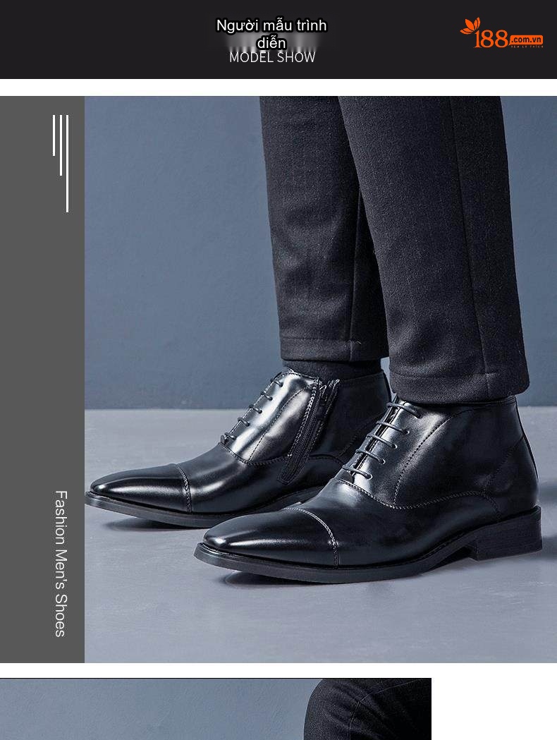 Giày Boot Martin Nam Cổ Thấp Da Bóng Chiều Cao Đế Khoảng 3cm Màu Đen chi tiết 7
