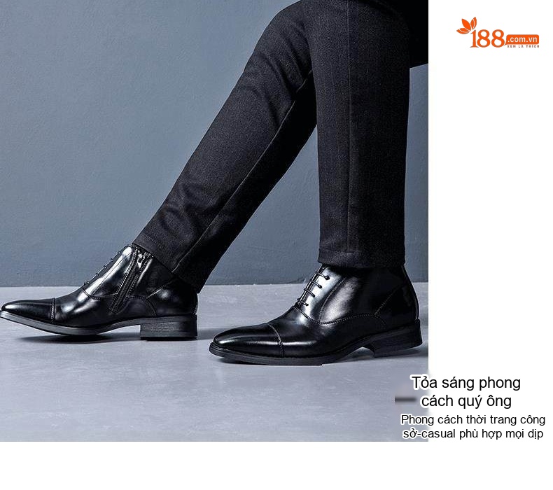 Giày Boot Martin Nam Cổ Thấp Da Bóng Chiều Cao Đế Khoảng 3cm Màu Đen chi tiết 8