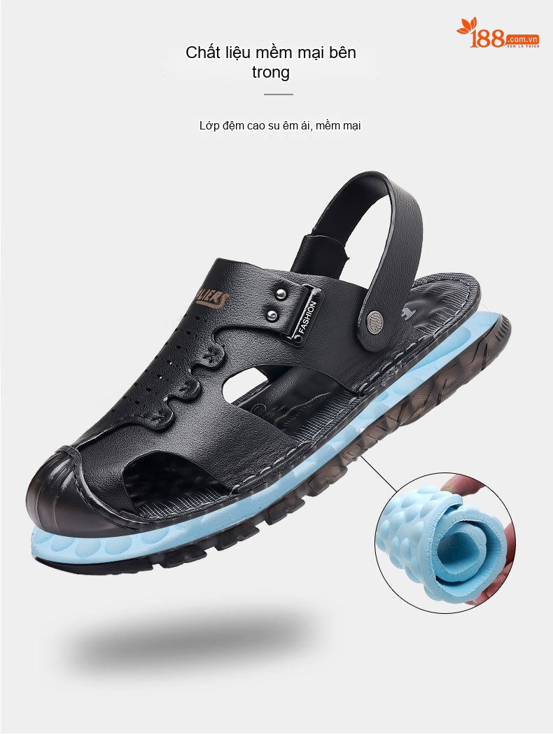 Dép Sandal Nam Da Bò Bít Mũi Thoáng Khí Chiều Cao Đế Khoảng 2cm Màu Nâu, Đen chi tiết 5