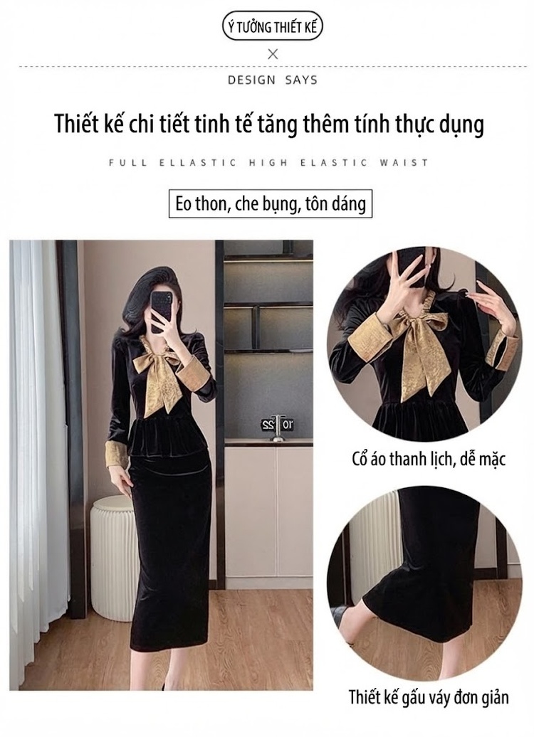 Set Bộ Nữ Áo Nhung Tay Dài Thắt Nơ Cổ Chân Váy Xẻ Tà Màu Đen chi tiết 3