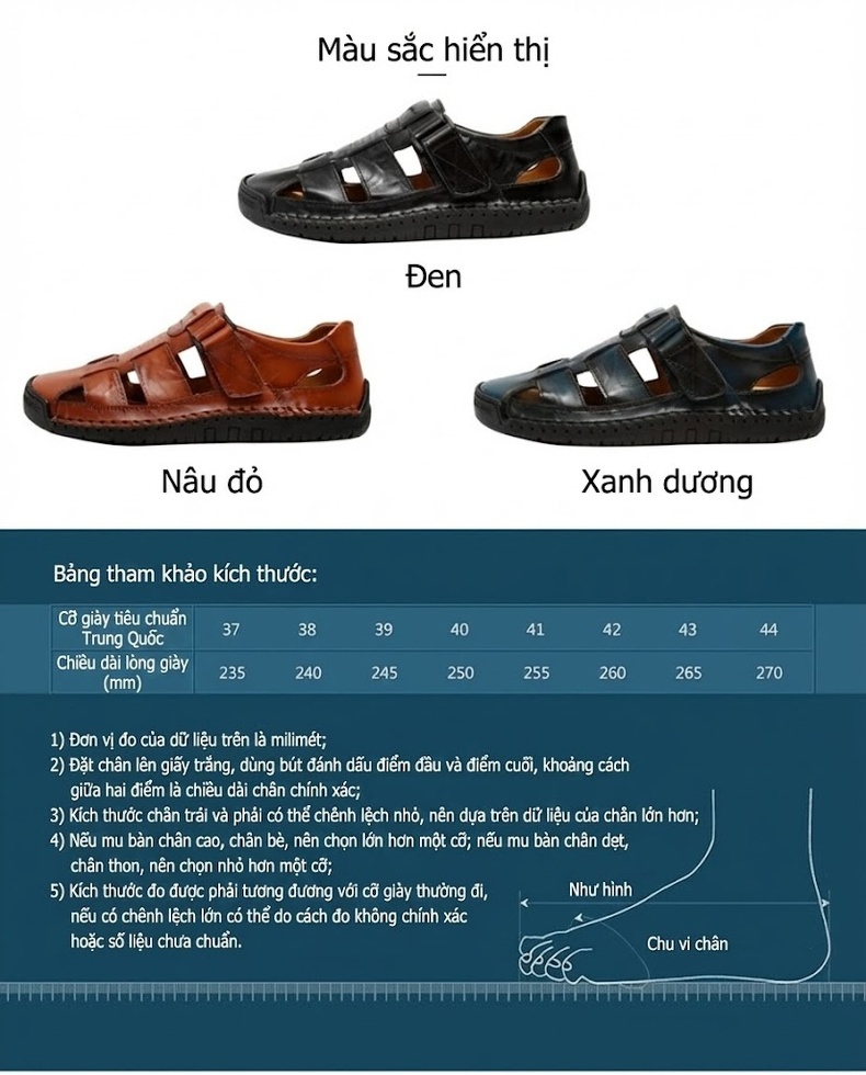 Sandal Nam Da Thật Thủ Công Chiều Cao Đế Khoảng 3cm Màu Nâu, Đen, Xanh Navy... chi tiết 9