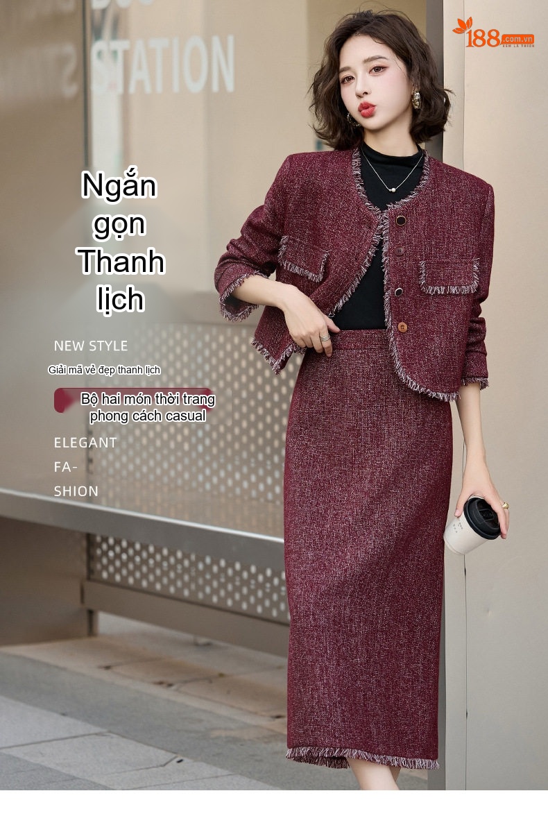 Set Áo Khoác và Chân Váy Tiểu Thư Phong Cách Pháp Thanh Lịch Màu Đỏ chi tiết 1