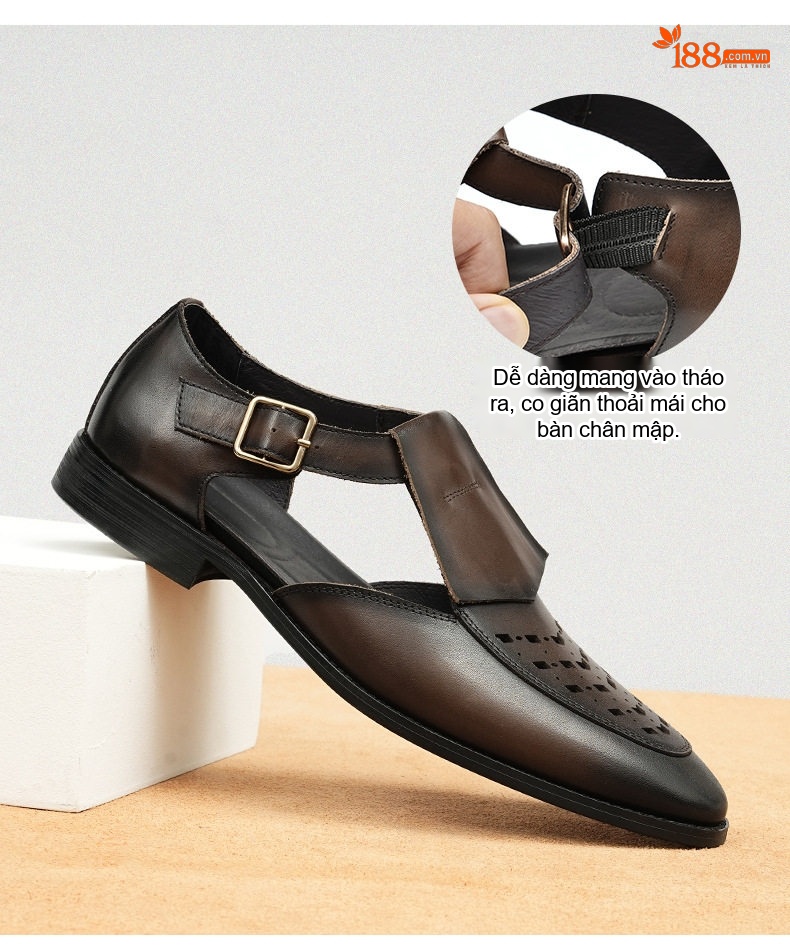 Sandal Nam Da Bò Xỏ Ngón Thoáng Khí Chiều Cao Đế Khoảng 2cm Màu Đen, Nâu chi tiết 4