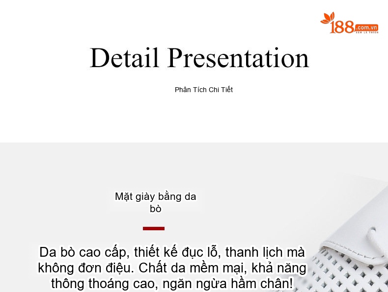 Giày Tây Buộc Dây Nam Da Bò Lỗ Thoáng Chiều Cao Đế Khoảng 3cm Màu Trắng chi tiết 10