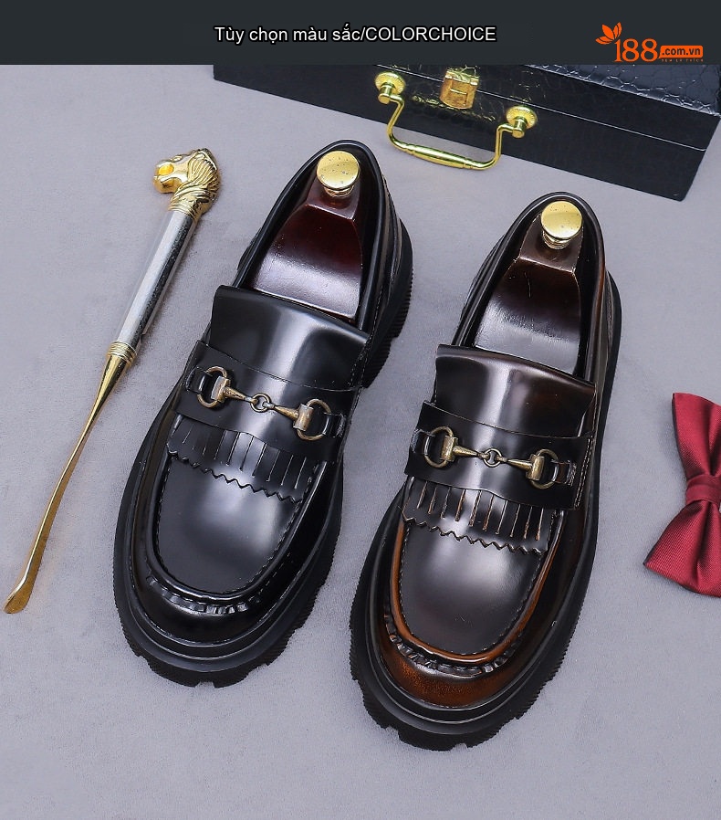 Giày Lười Nam Da Bóng Chiều Cao Đế Khoảng 5cm Phong Cách Anh Quốc Màu Đen, Nâu chi tiết 2