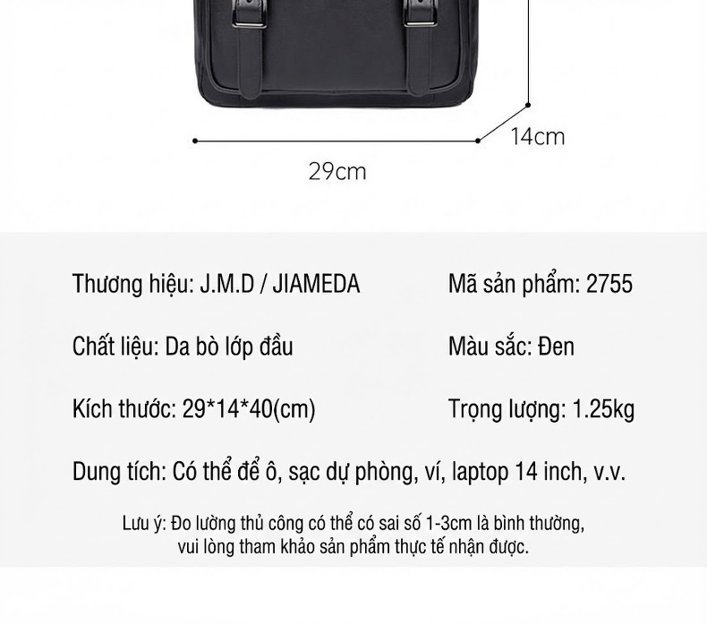 Balo Đựng Laptop Nam Da Thật Phong Cách Thời Trang Công Sở Màu Đen chi tiết 1