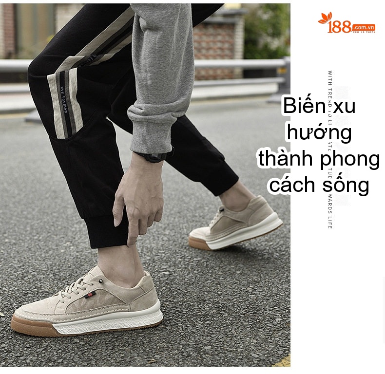 Giày Thể Thao Nam Da Thật Mặt Lộn Chiều Cao Đế Khoảng 3.5cm Màu Nâu, Be chi tiết 24
