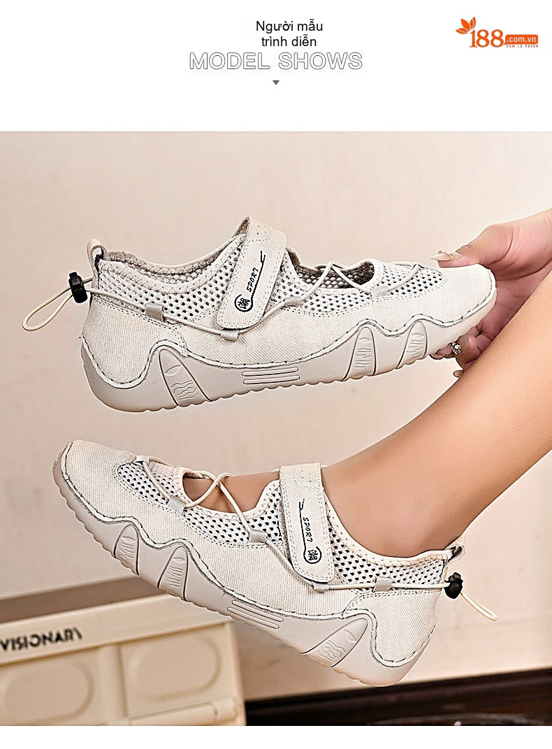 Giày Mọi Mũi Tròn Nữ Vải Lưới Thoáng Khí Chiều Cao Đế Khoảng 3cm Màu Trắng Kem, Xanh Rêu chi tiết 10