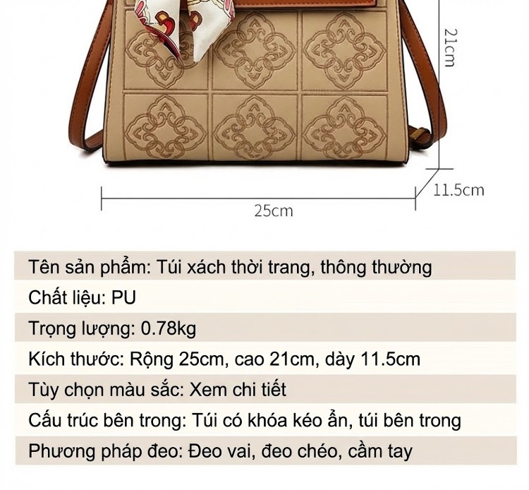 Túi Xách Tay Nữ Thêu Họa Tiết Quốc Phong Chất Lượng Cao, Túi Đeo Vai Một Bên Thời Trang Màu Nâu, Be chi tiết 20