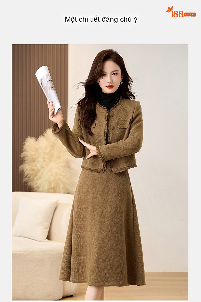 Set Áo Khoác Lửng Tay Dài Cổ Tròn và Chân Váy Midi A Line Trám Bông Dày Dặn Màu Nâu, Đỏ chi tiết 11