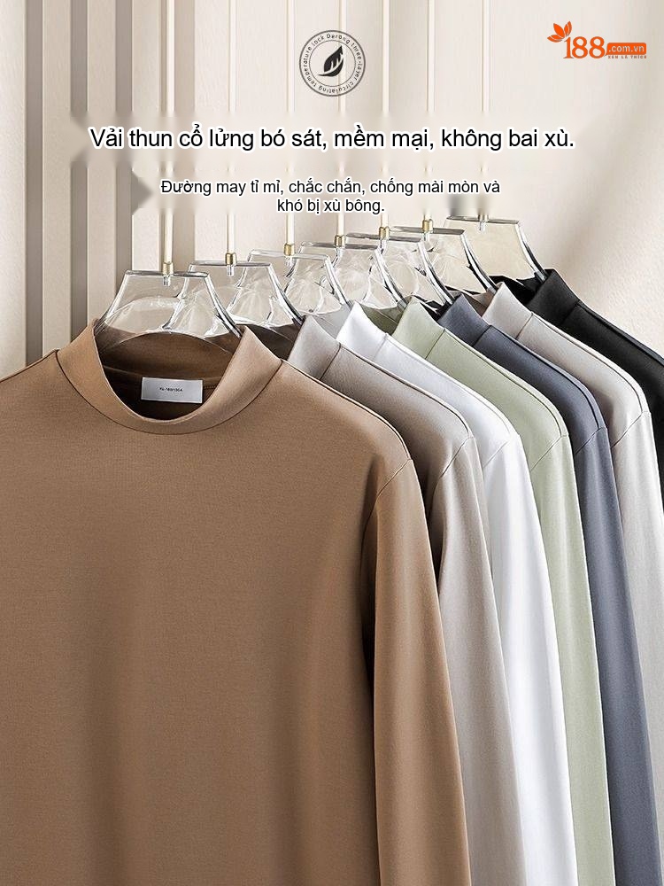 Áo Thun Dài Tay Nam Cổ Lọ Vải Cotton Thoáng Khí Giữ Ấm Mùa Thu Đông Màu Đen, Trắng, Nâu, Xám...