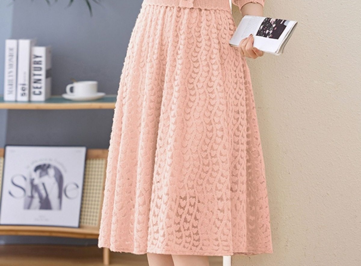 Váy Dệt Kim Nữ Tay Dài Dáng Xòe Họa Tiết Lỗ Màu Be, Hồng, Đen chi tiết 23
