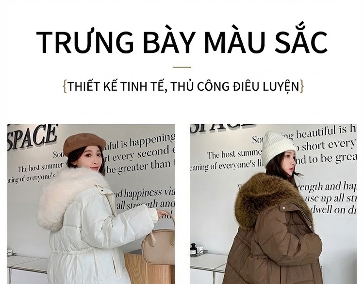 Áo Khoác Phao Nữ Lót Lông Cổ Rộng Dáng Ngắn Màu Đen, Trắng, Nâu, Hồng... chi tiết 8