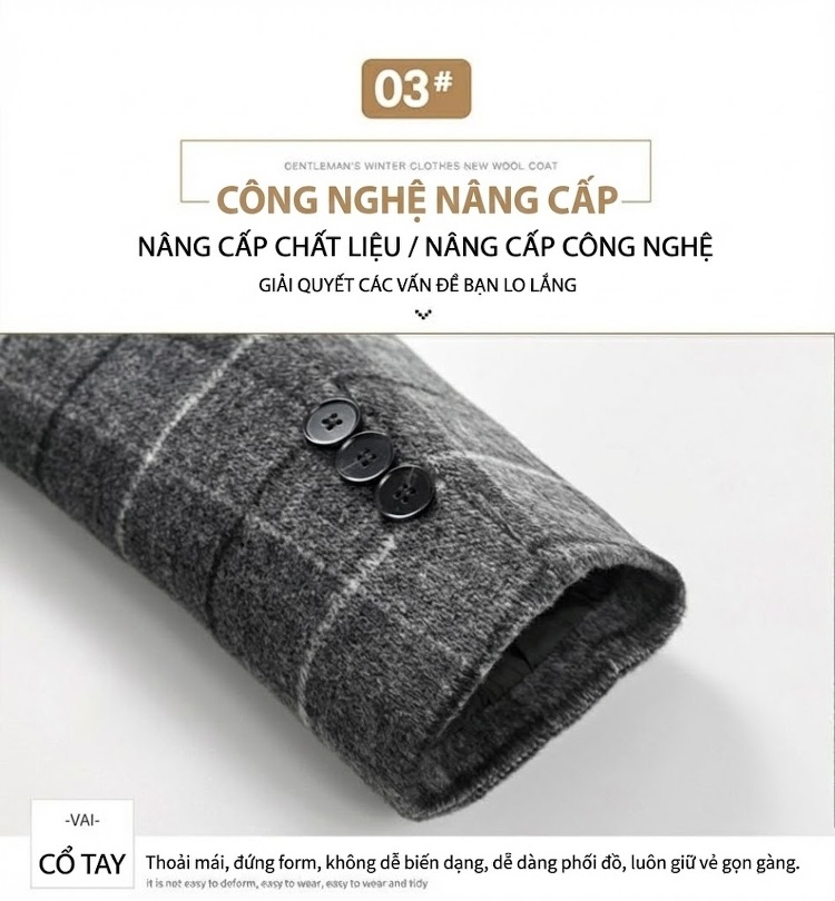 Áo Khoác Dạ Nam Dáng Dài Vừa Cổ chữ Vest Họa Tiết Kẻ Ô Màu Xám, Nâu chi tiết 5
