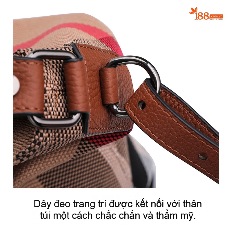 Túi Đeo Vai Nữ Vải Canvas Kẻ Ô phối Da Bò Nguyên Lớp Dáng Trống Sức Chứa Lớn Màu Nâu chi tiết 20