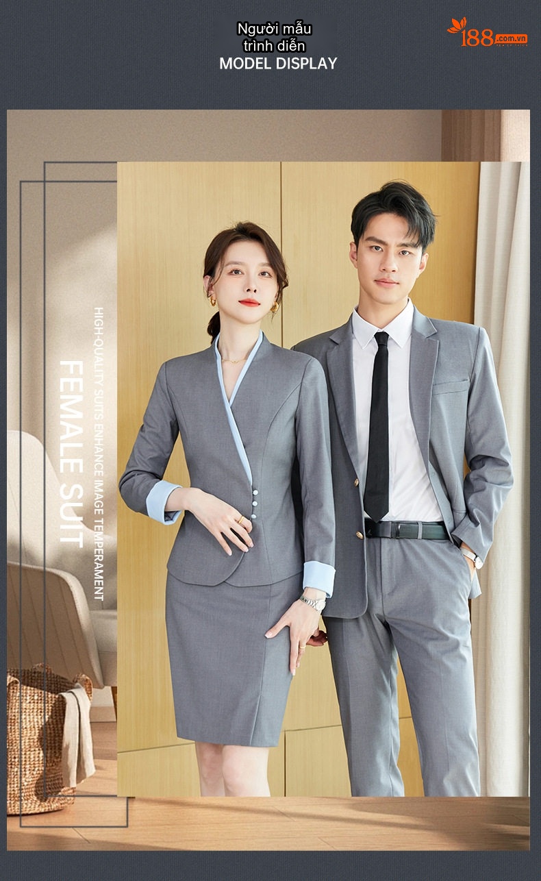 Bộ Vest Công Sở Nữ Lễ Tân Khách Sạn Thiết Kế Mới Thanh Lịch Màu Xanh Navy, Xám chi tiết 12