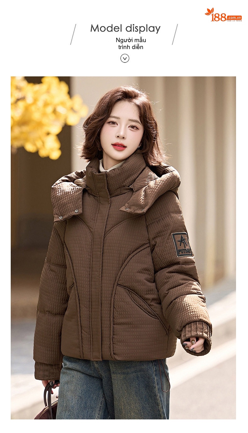 Áo Khoác Phao Nữ Dáng Ngắn Cotton Dày Dặn Giữ Ấm Cổ Cao Có Mũ Trùm Đầu Màu Nâu, Đen chi tiết 11