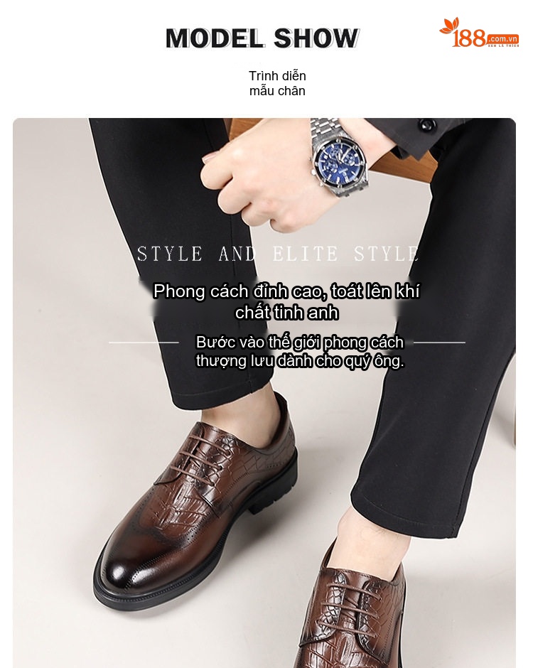 Giày Tây Buộc Dây Nam Da Bò, Kiểu dáng Brogue, Chiều Cao Đế Khoảng 3cm Màu Nâu, Đen chi tiết 9