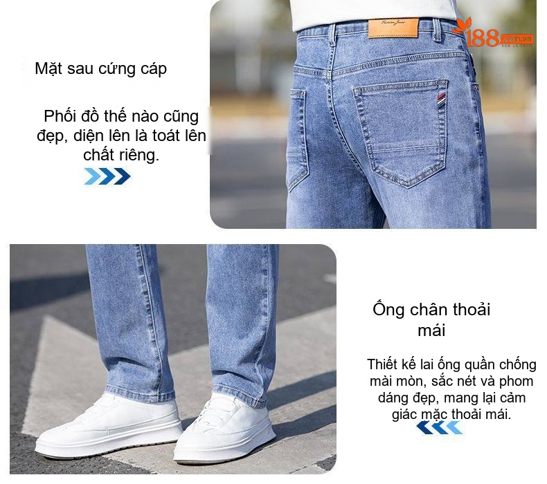 Quần Jean Nam Ống Đứng Co Giãn Thoải Mái Màu Xanh Đậm, Xanh Nhạt chi tiết 4