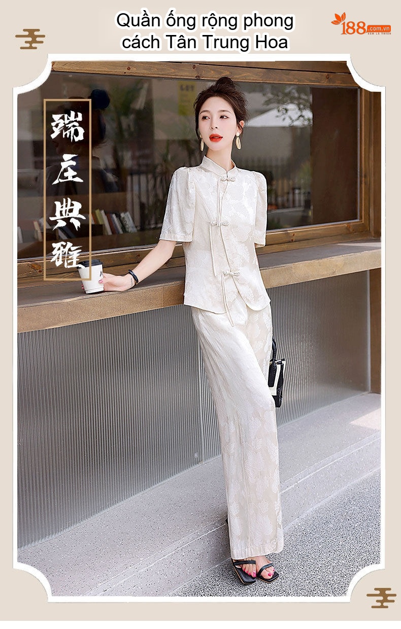 Set Bộ Quần Áo Nữ Kiểu Trung Hoa Cách Tân Áo Tay Ngắn Quần Ống Rộng Thời Trang Màu Trắng, Hồng chi tiết 1