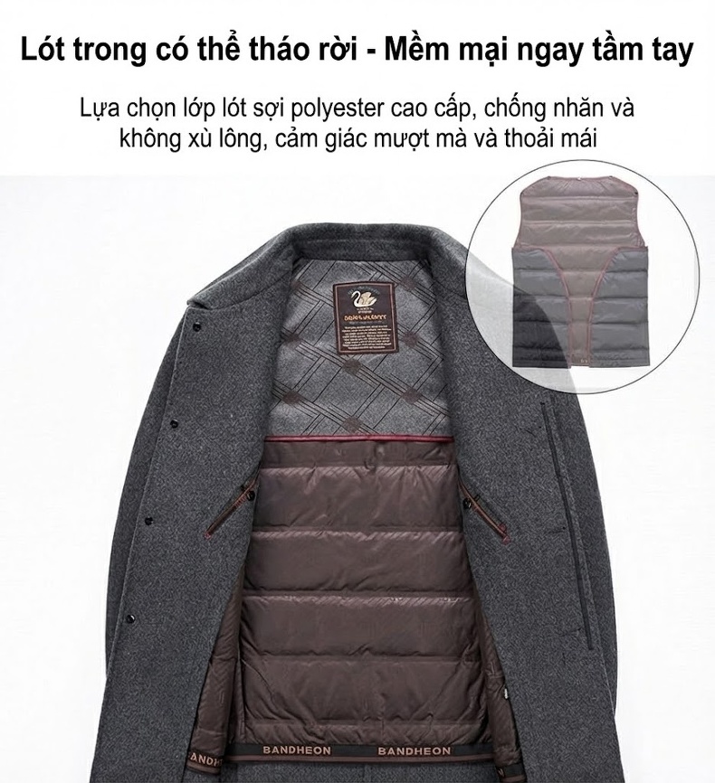 Áo Khoác Dạ Nam Hai Mặt Lông Cừu Dáng Dài Vừa Có Lót Lông Vũ Màu Đen, Xám, Xanh Navy chi tiết 10