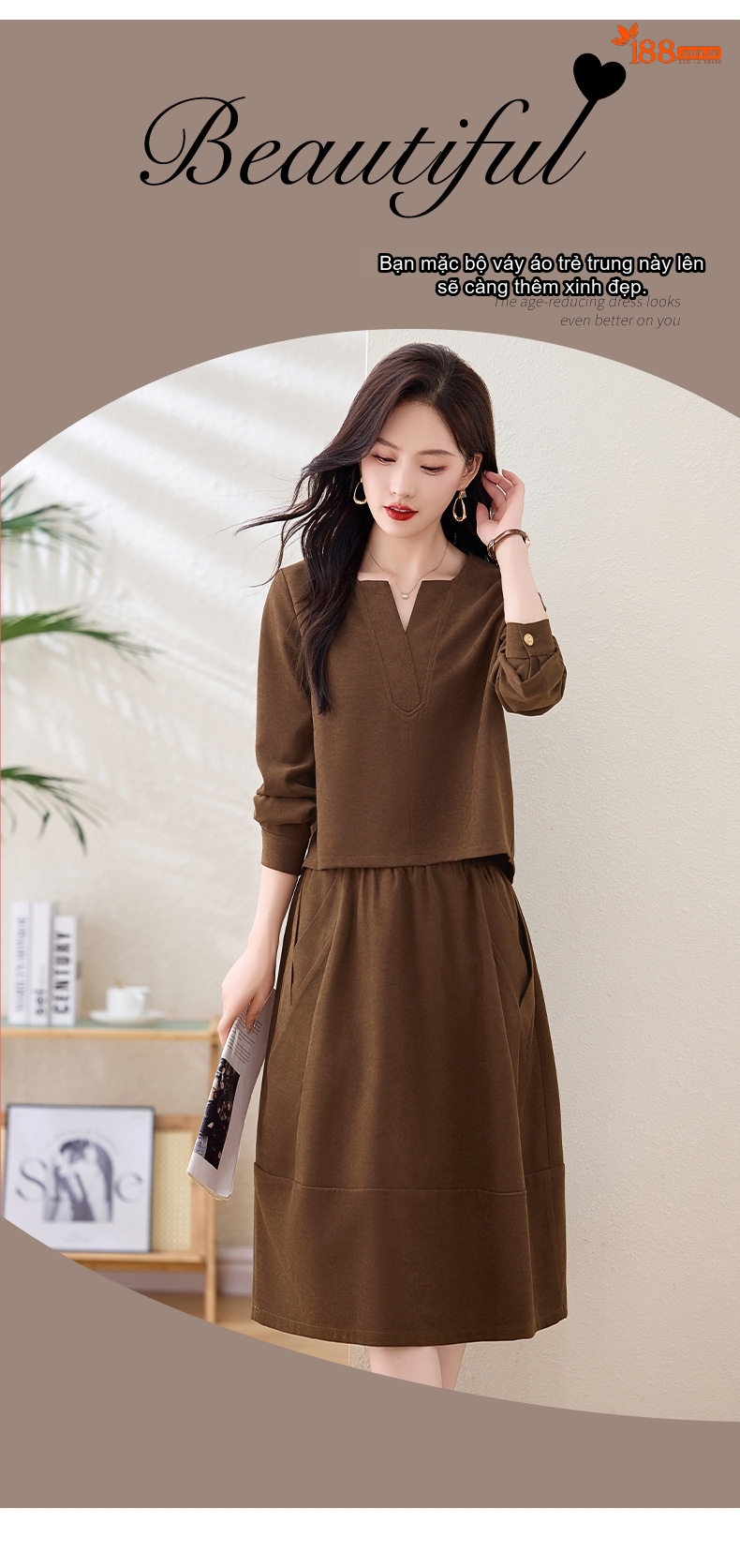 Set Bộ Quần Áo Nữ Thu Đông Dáng Áo Ngắn Tay Dài Chân Váy Chữ A Màu Nâu, Xanh, Hồng chi tiết 5