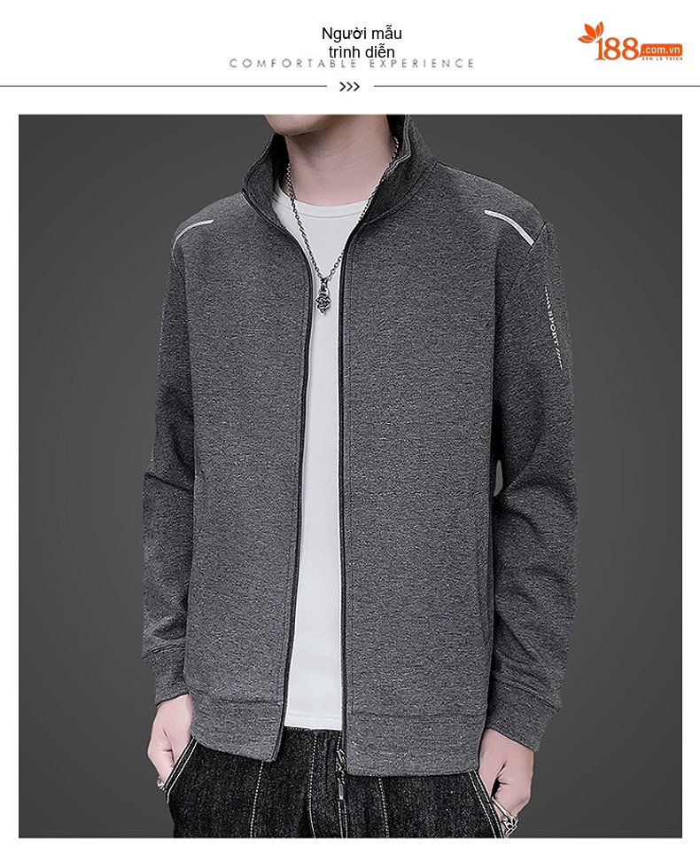 Áo Khoác Cardigan Nam Dáng Bomber Khóa Kéo Phong Cách Thể Thao Màu Xám, Xanh Navy, Đen, Đỏ chi tiết 8