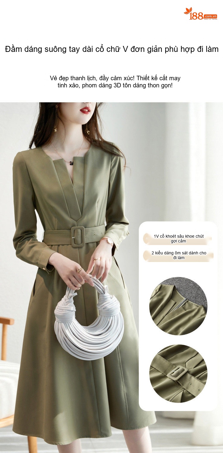 Váy Chữ A Nữ Cổ chữ V Tay Dài Tay Eo Cao Thanh Lịch Màu Xanh Olive, Đen chi tiết 2