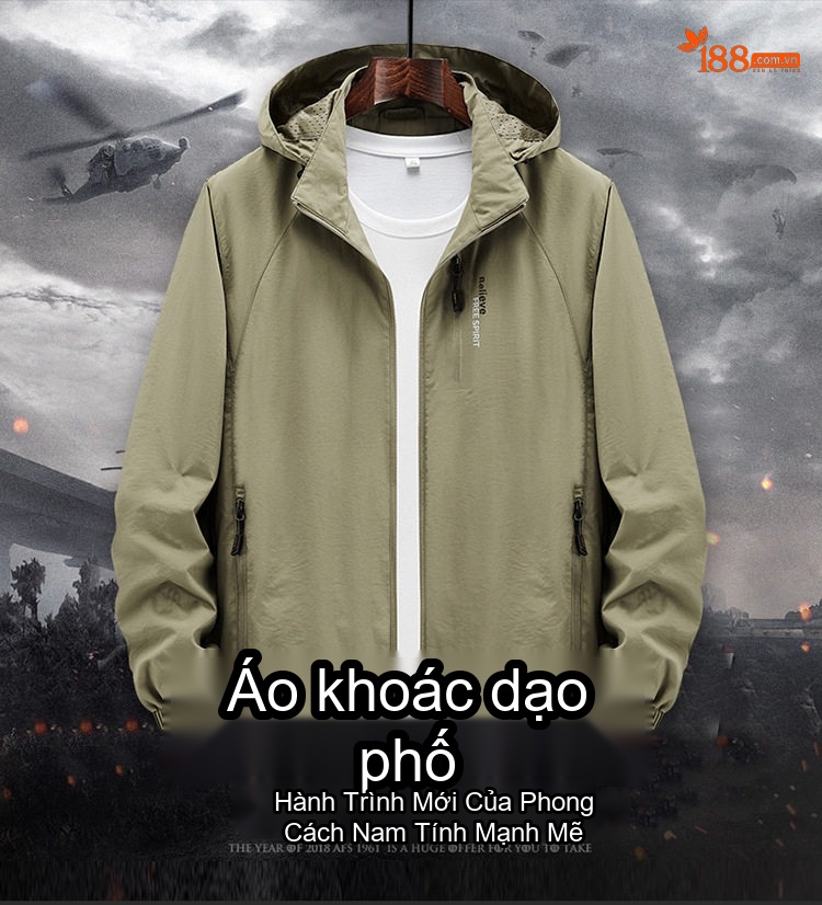 Áo Khoác Gió Nam Mỏng Nhẹ Dáng Rộng Có Mũ Trùm Đầu Phong Cách Thể Thao Màu Xanh Rêu, Nâu Be, Xanh Navy, Xám Đen... chi tiết 4