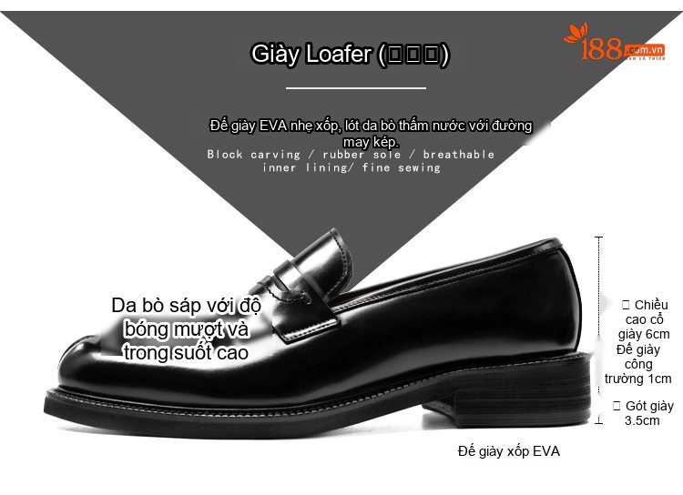 Giày Lười Nam Da Bò Bề Mặt Da Bóng Chiều Cao Đế Khoảng 3cm Màu Đen chi tiết 2