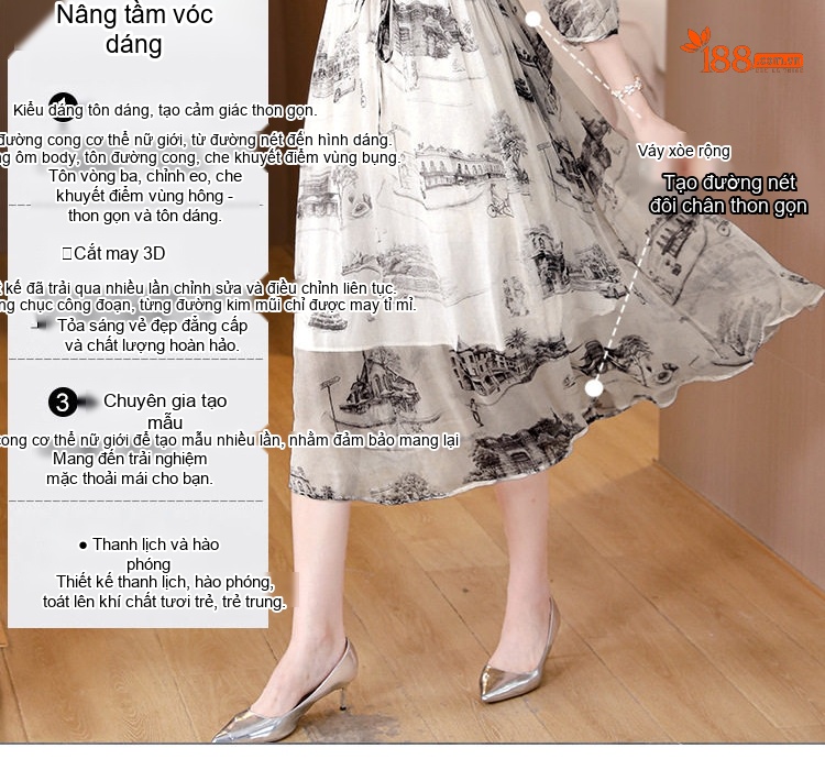Váy Lụa A Line Nữ Thắt Eo Thiết Kế Thanh Lịch Họa Tiết Trắng Đen chi tiết 7