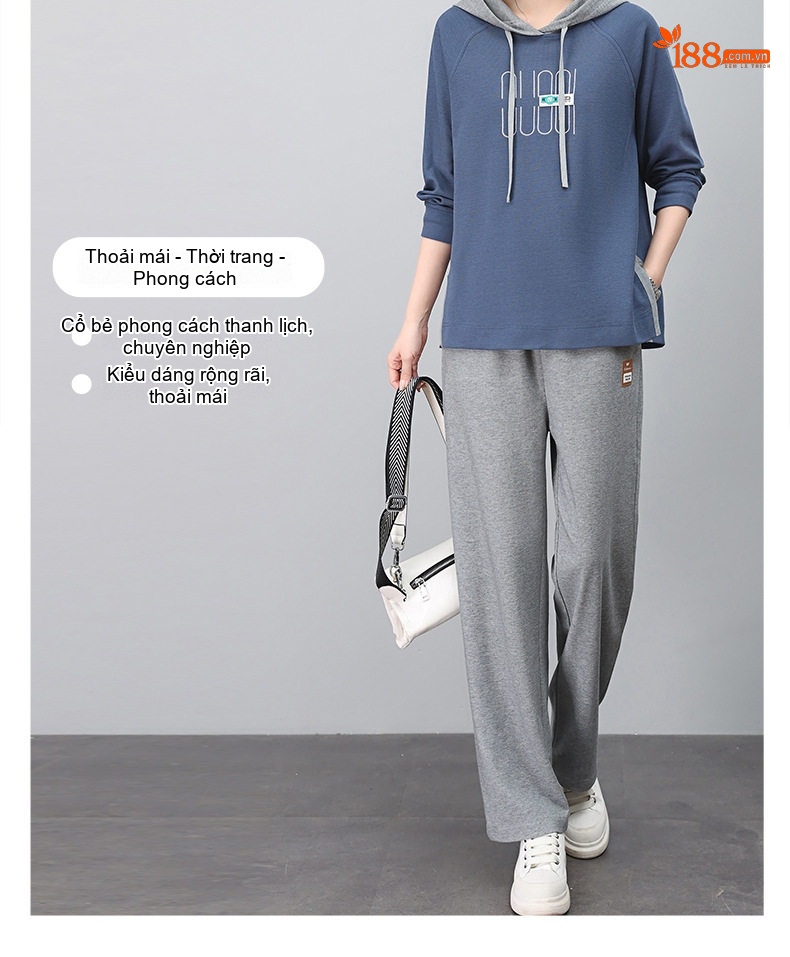 Bộ đồ thể thao nữ dáng nhỏ gọn áo hoodie tay lỡ quần dài chi tiết 10