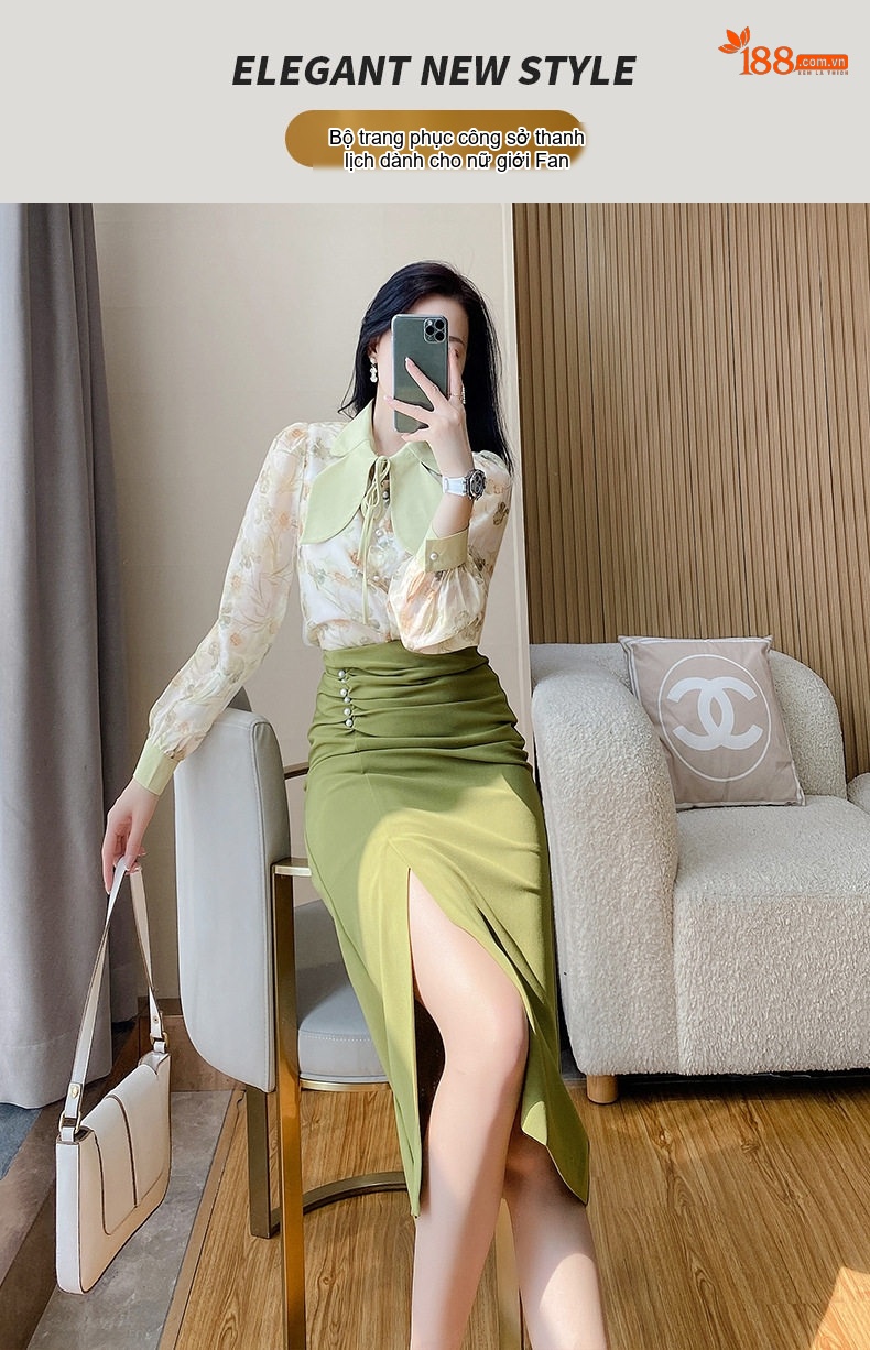 Set Bộ Áo Sơ Mi Tay Dài và Chân Váy Bút Chì Ôm Hông Xẻ Tà Phong Cách Công Sở OL Màu Xanh Olive chi tiết 1