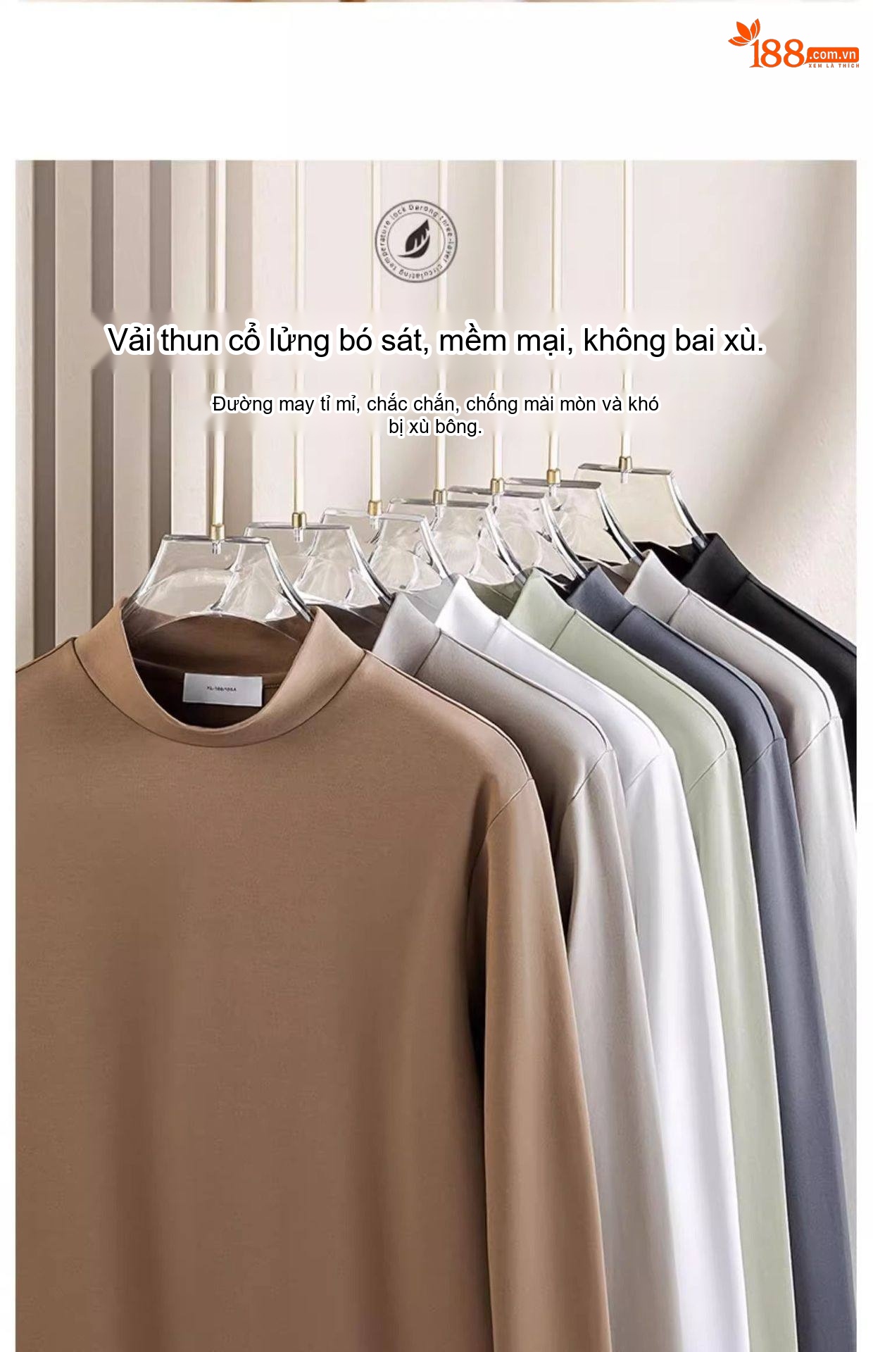 Áo Thun Dài Tay Nam Cổ Lọ Vải Cotton Thoáng Khí Giữ Ấm Mùa Thu Đông Màu Đen, Trắng, Nâu, Xám... chi tiết 14
