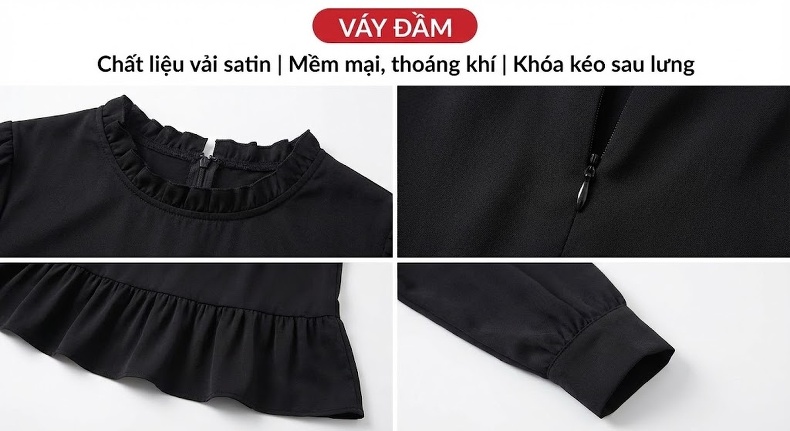 Váy Ngắn Nữ Dáng Ôm Eo Thiết Kế Pháp Tay Dài Màu Đen chi tiết 4