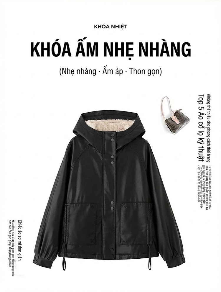 Áo Khoác Da Nữ Lót Lông Dày Dặn Có Mũ Trùm Đầu Dáng Ngắn Màu Đen chi tiết 9