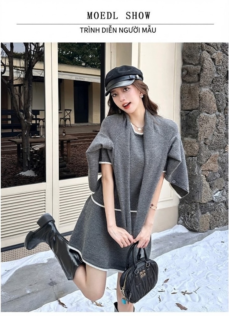 Set Áo Khoác Cardigan Dệt Kim và Chân Váy Nữ Tính Phong Cách Tiểu Thư Màu Xám, Đen chi tiết 5