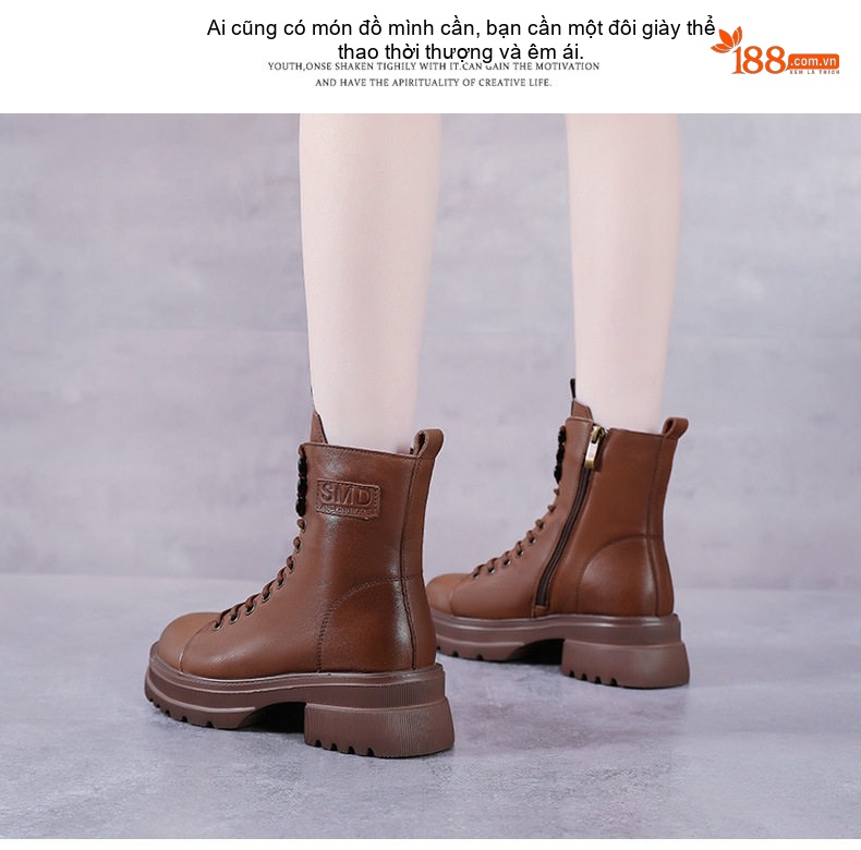 Boot Nữ Da Bò Cổ Ngắn Dây Buộc Chiều Cao Đế Khoảng 5cm Màu Nâu, Đen chi tiết 11