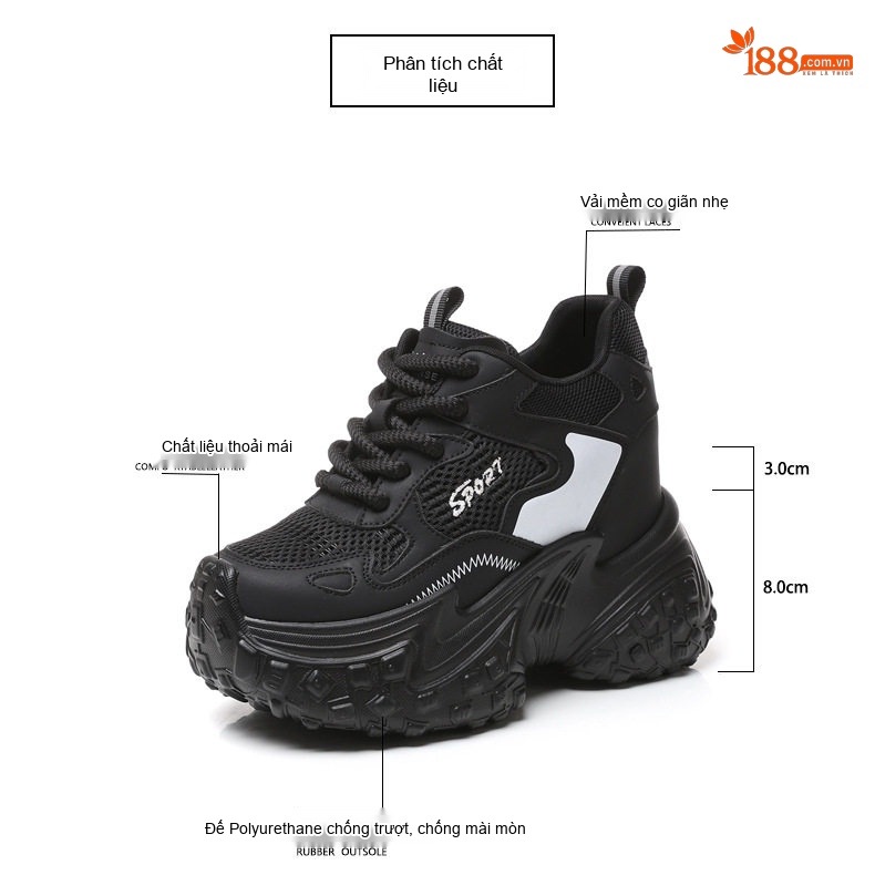 Giày Thể Thao Nữ Đế Dày Chiều Cao Đế 8cm Thoáng Khí Màu Đen, Trắng chi tiết 3