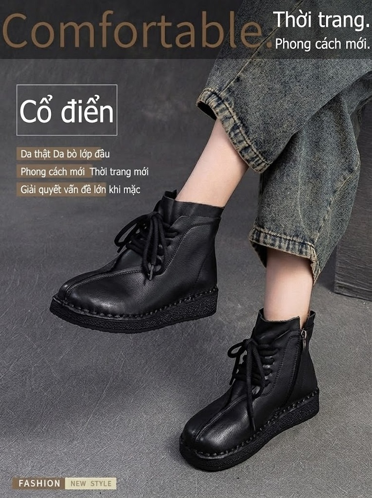 Boot Nữ Cổ Ngắn Da Bò Ôm Chân Chiều Cao Đế Khoảng 3cm Màu Đen, Nâu chi tiết 1