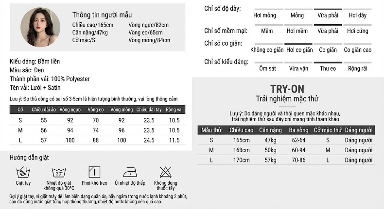 Váy liền thân Nữ Chữ A Tay Dài Lưới Voan Họa Tiết Chấm Bi Cổ Điển Thắt Eo Dáng Ngắn Màu Đen chi tiết 2