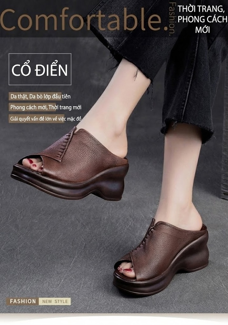 Dép Sục Nữ Da Mờ Đế Xuồng Hở Mũi Chiều Cao Đế Khoảng 6cm Màu Đen, Nâu chi tiết 1