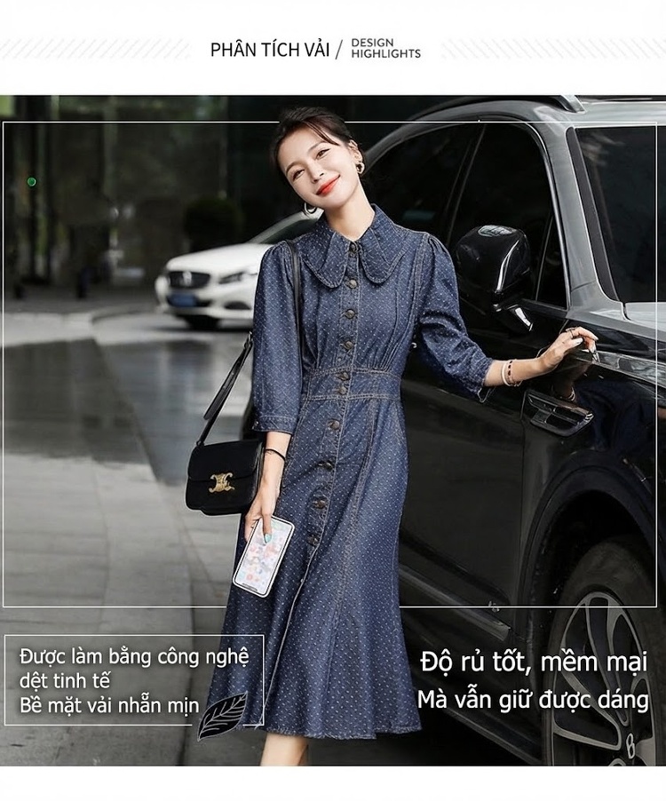 Váy Dài Nữ Tay Lỡ Cổ Bẻ Họa Tiết Chấm Bi Phong Cách Âu Mỹ Thanh Lịch chi tiết 9