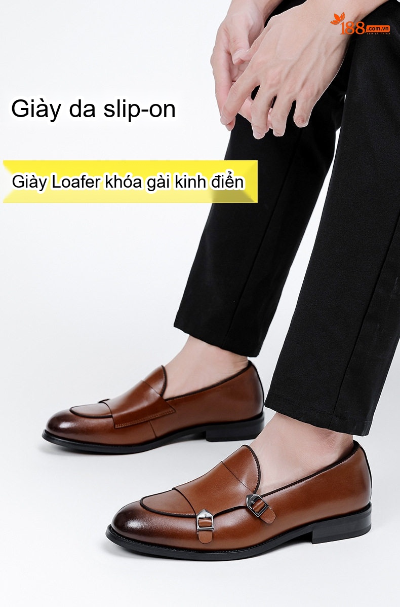 Giày Lười Nam Da Thật Hai Khóa Chiều Cao Đế Khoảng 3cm Màu Nâu chi tiết 1
