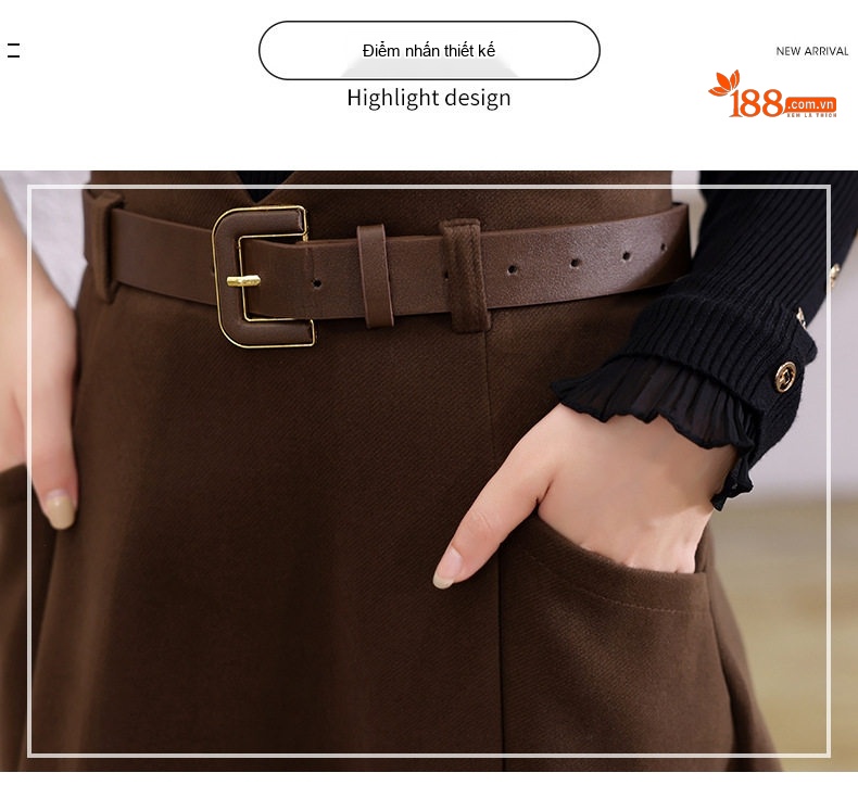 Set Áo Dệt Kim Cổ Lọ Tay Dài và Chân Váy Midi Thanh Lịch Màu Đen, Nâu chi tiết 4