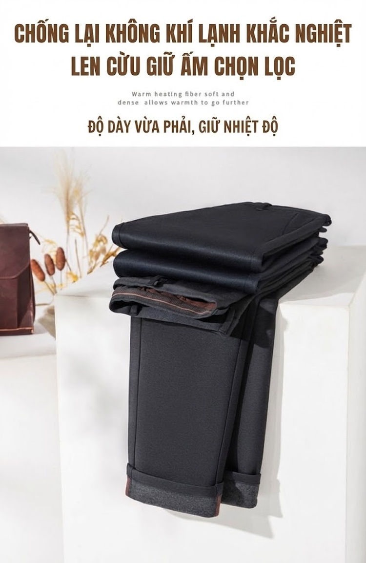 Quần Âu Nam Ống Đứng Modal Lót Lông Cừu Giữ Ấm Màu Đen, Xám chi tiết 2