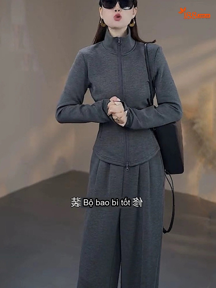 Bộ Đồ Thể Thao Nữ Áo Khoác Dệt Kim Dáng Rộng Quần Dài Lót Lông Màu Xám chi tiết 6