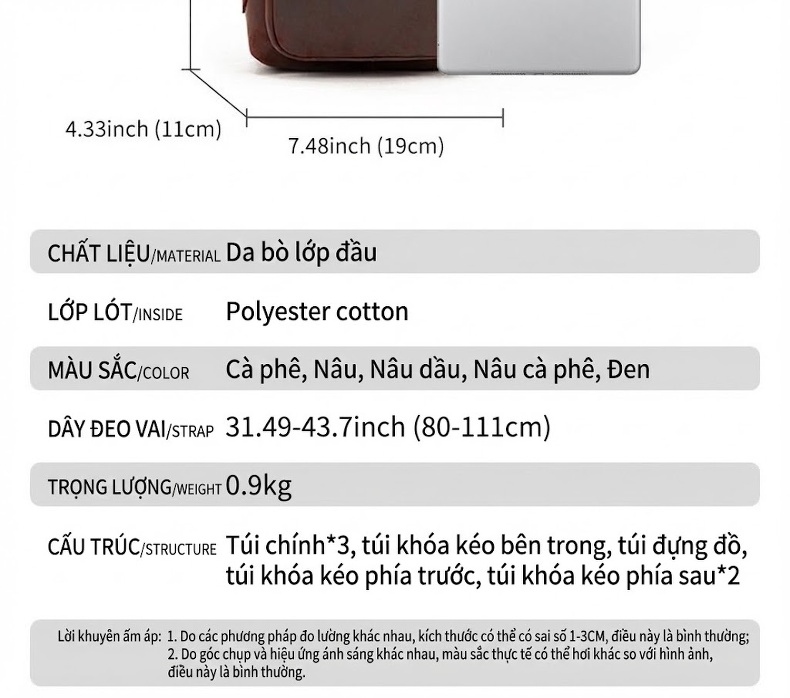 Túi Đeo Chéo Ngực Nam Da Thật Kiểu Nhật Bản Đa Năng Tiện Lợi Màu Nâu chi tiết 2